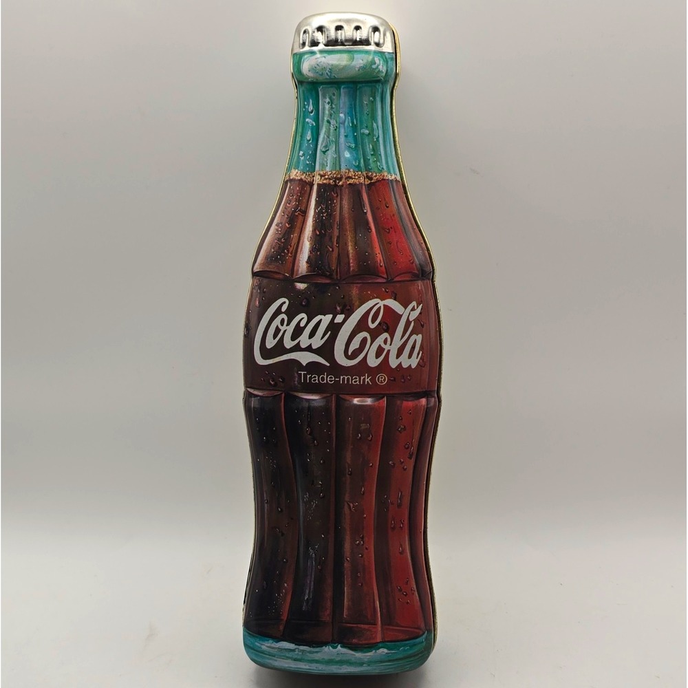 Coca-Cola Bottle Shaped Tin Box Soda Theme Brown Green Silver Advertising Tin